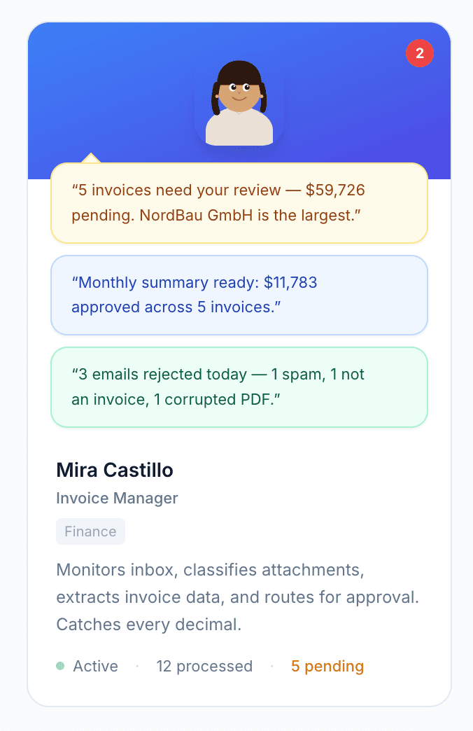 Mira Castillo AI agent card with status updates