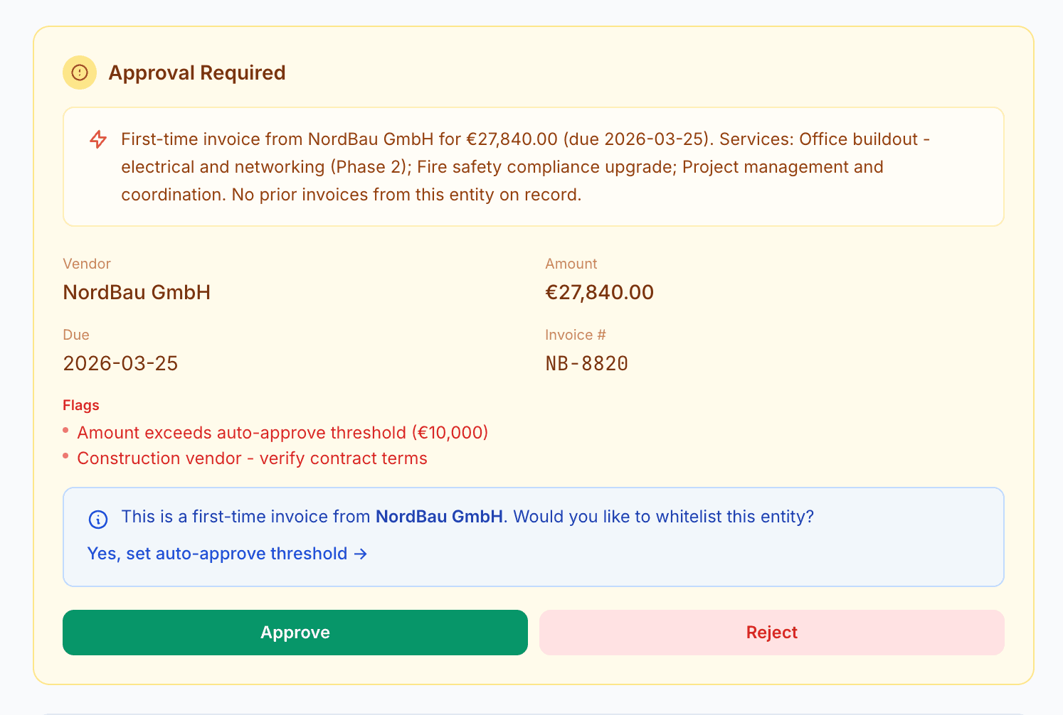 Approval required card with approve and reject actions