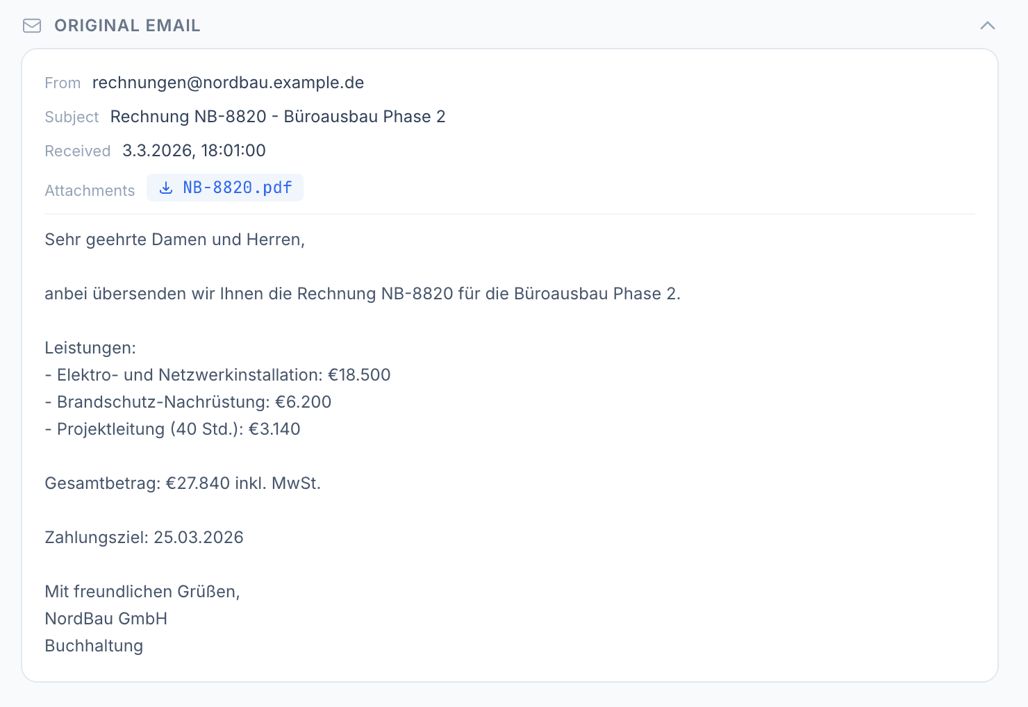 Original email with invoice attachment