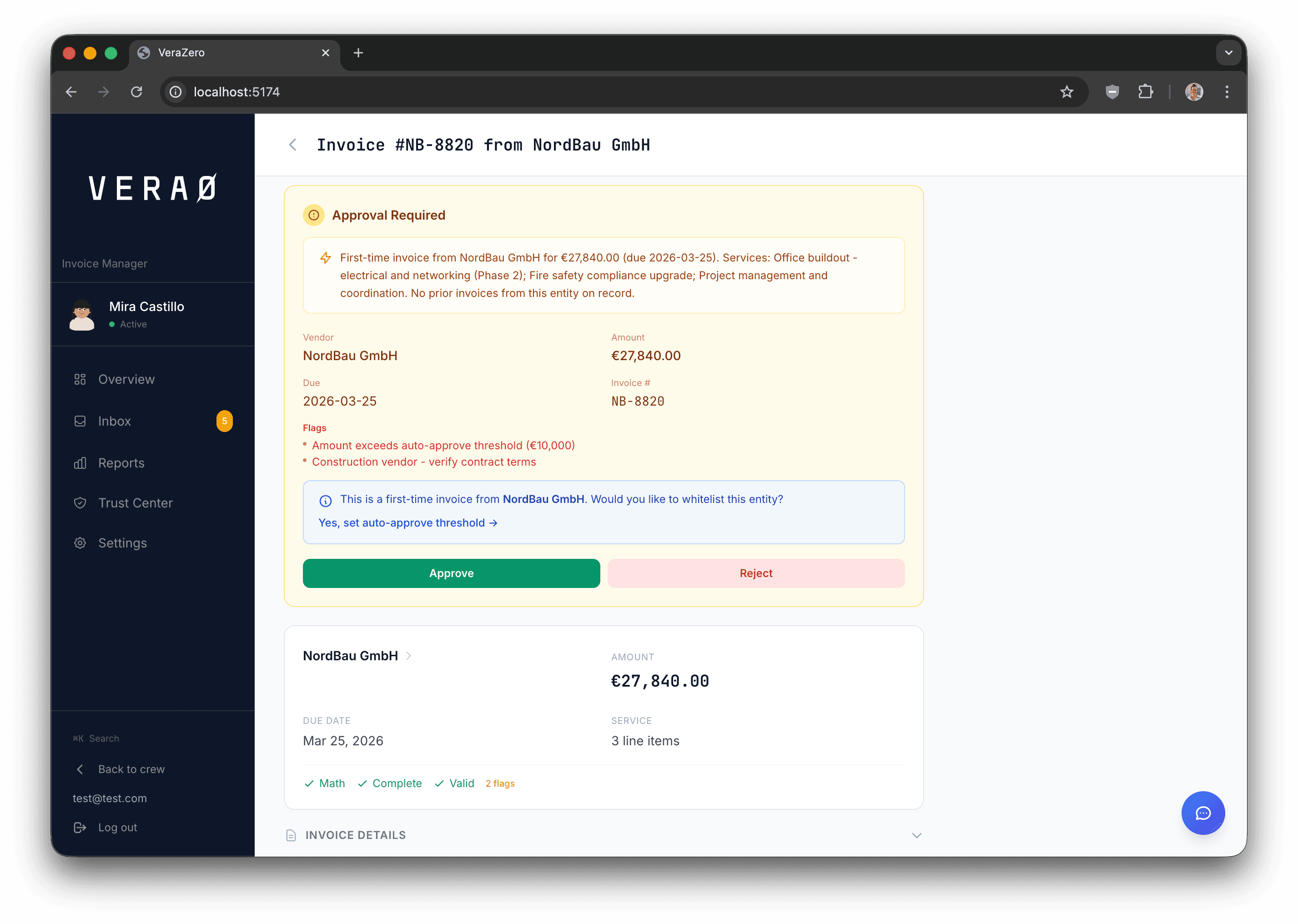 Invoice detail view with approval workflow